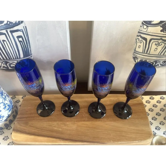VTG-LIBBEY COBALT BLUE FIREWORKS “2000~THE NEW MILLENNIUM” CHAMPAGNE GLASSES 9” - Picture 5 of 5